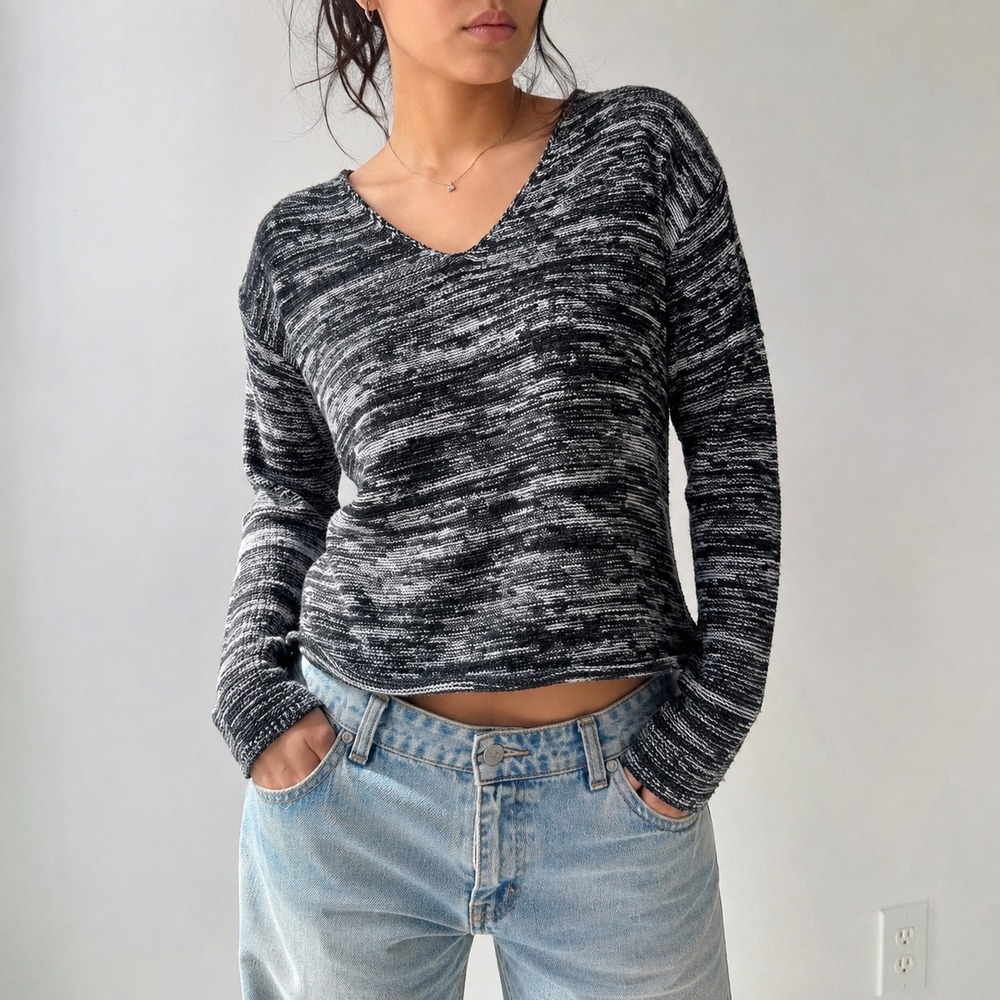 Arizona Jean Co Space Dye Knit V-Neck Sweater Black White Marl Size M